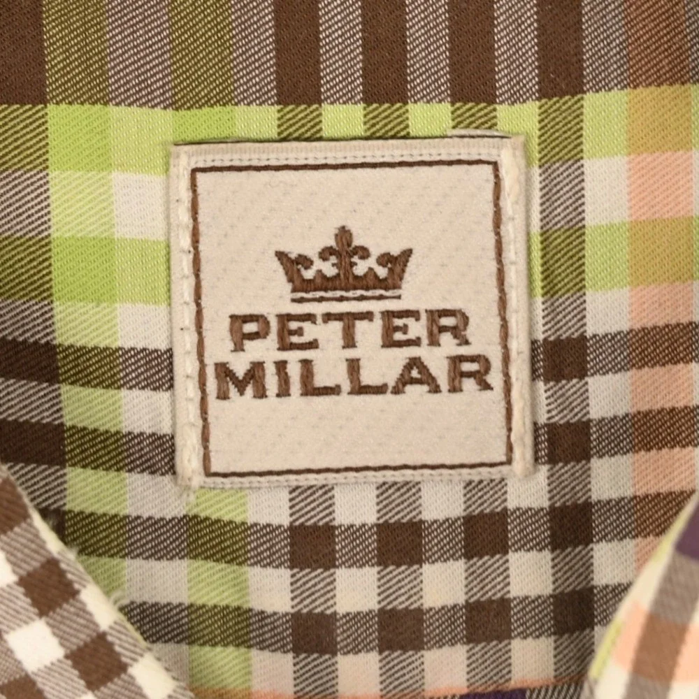 100% Cotton Peter Millar Mens L Plaid Custom Embroidered Cuff Luxury Sport Shirt